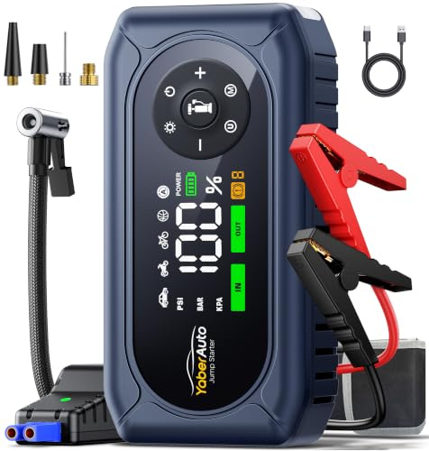 YaberAuto Jump Starter Power Pack 6500A with Air Compressor 150PSI, Car Battery Booster Jump Starter for 9L Gas/8L Diesel, Car Starter Power Bank with Jump leads, Insulated Gloves, 800 Lumens