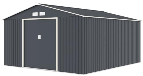 HATTORO S400 Metall Gerätehaus 341x386x201 cm (BxTxH) Geräteschuppen Garten Schuppen Gartenhaus Satteldach Grau Anthrazit