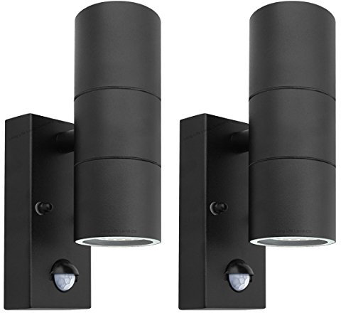 Long Life Lamp Company 2 X Black PIR Stainless Steel Double Outdoor Wall Light with Movement Sensor ZLC038DSEN2P IP44 Up Down Outdoor Wall Light