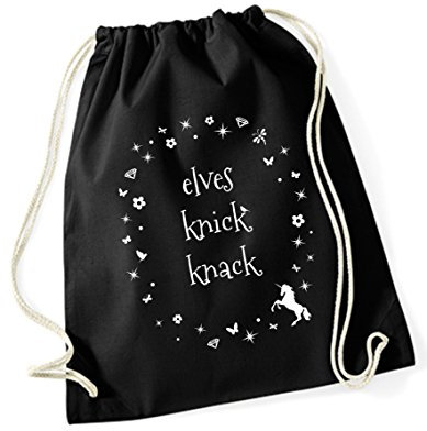 Turnbeutel Bedruckt mit Spruch - Knick Knack - / Rucksack/Sportbeutel/Gymsack/Gymbag mit Sprüchen von 3 Elfen - Hipster Beutel Bag - schwarz
