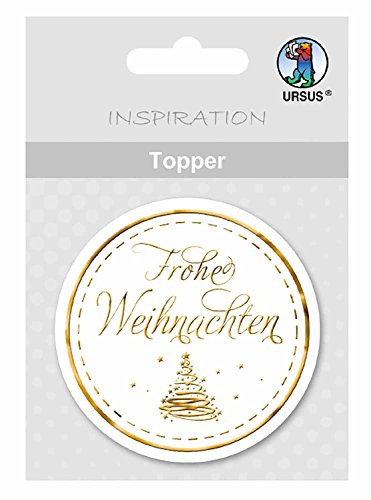 Ursus 56700012 - Topper Frohe Weihnachten, weiß/gold, 8 Stück, ca. 6,5 x 7,6 cm, aus hochwertigen Materialien, mit edlem Perleffekt, Folienveredelt in silber, zum Verzieren von Karten