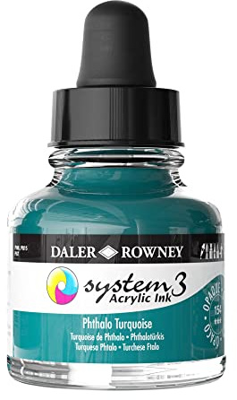 Daler-Rowney System3 Acrylic Ink, Glass Bottle with Dropper, Opaque, 1oz - 29.5 ml, Phthalo Turquoise