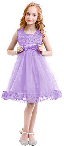 OBEEII Bambine Ragazze Fiore Pizzo Abito Lungo Senza Maniche Elegante Princess Tulle Abito da Nozze Sposa Compleanno Festa Carnevale Danza Cerimonia Sera Vestito 8-9 Anni Lilla