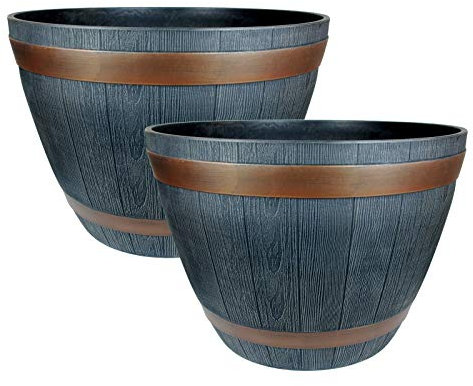 Rustic Style Dark Grey Plastic Half Barrel Cask Planters 51cm Diameter - Set of 2 - Indoor & Outdoor Flower/Plant Pot.