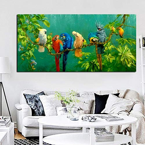 ZXFMT Leinwanddrucke Künstlerische Papagei Vogel Auf Zweigen Holz Landschaft Ölgemälde Auf Leinwand Poster Drucken Wandbild Für Wohnzimmer Dekor 50x100cm unframed