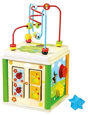 Bino Motorikwürfel 5in1, Spielzeug für Kinder ab 1 Jahr (fünf Spielformen, hochwertiges Holzspielzeug zur Förderung der feinmotorischen Fähigkeiten, kindgerechtes Design), Bunt