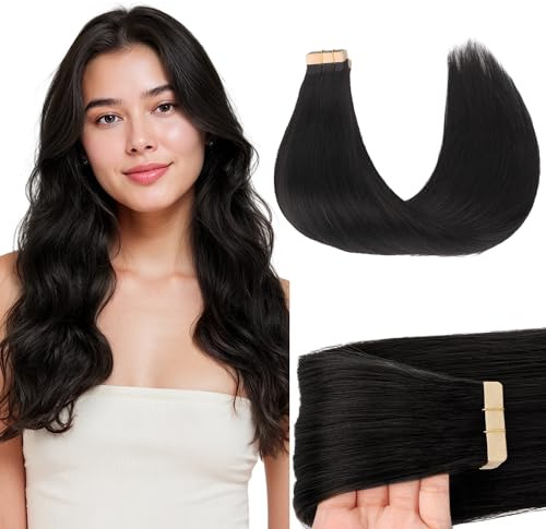GOO GOO Tape Extensions Echthaar, 50cm 50g 20 Stk., #1B Schwarz | Remy Echthaar, Seidig Weich, Verfilzungsfrei, Unsichtbare, Starker Halt, Langlebig, Natürlicher Look, für Alltag, Büro