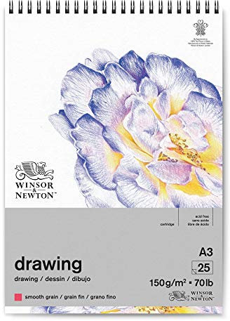 Winsor & Newton 6691003 Zeichenpapier im Spiralblock - 25 Blatt DIN A3, 150g/m², feine Körnung, natürliches Weiß, säurefrei, archivierbare Qualität, Alterungsbeständig für Fineliner, Tusche, Buntstift