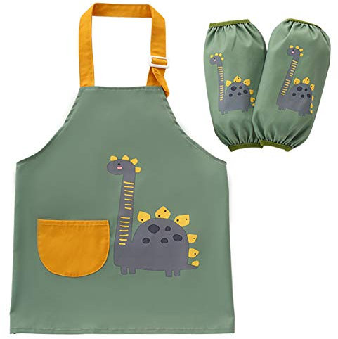 mellystore Kinderschürze Dinosaurier Kochschürze Kinder mit 2 Ärmel Wasserdicht Malschürze Kinder 6 Bis 9 Jahre Küchenschürze Kinder Mädchen Jungen mit Taschen für Basteln Malen Backen Kochen Grün