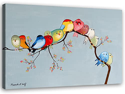 Feeby Vlies Leinwandbild XXL Zeichentrickfilm Tiere Für Kinder Grafiken 120x80 cm Wandbild Kunst Bilder Schlafzimmer Deko Wohnzimmer Illustration Baum Bunte Vögel auf einem Zweig mehrfarbig