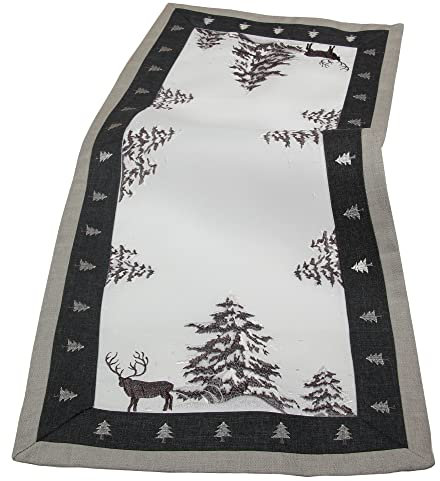 Weihnachten - Winter - Hirsch Stickerei Leinenoptik Polyester Tischläufer ca. 38 x 109 cm, Grau - Weiß