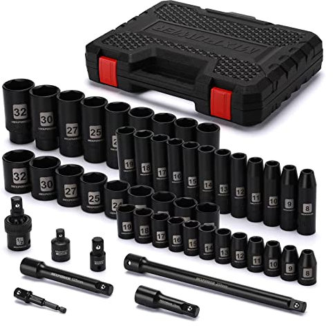 MIXPOWER 49 Pieces 1/2-Inch Drive Impact Socket Set, Deep/Shallow, (8mm-32mm), CR-V, Metric, Includes Extension Bars, Adapters, Impact Universal Joint