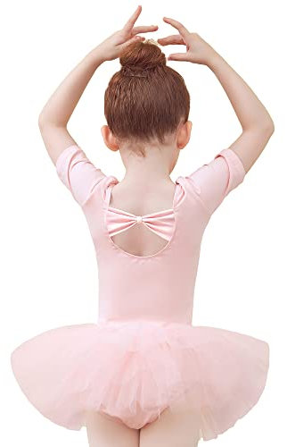 Tancefair Girls Ballet Leotard with Tutu Skirt, Butterfly Pink, 2-13 Years, Short Sleeve, V Neck, Bowknot Back, Soft, Breathable, Dance, Ballet, Gymnastics, Cheerleading, Practice, Party, Team Uniform