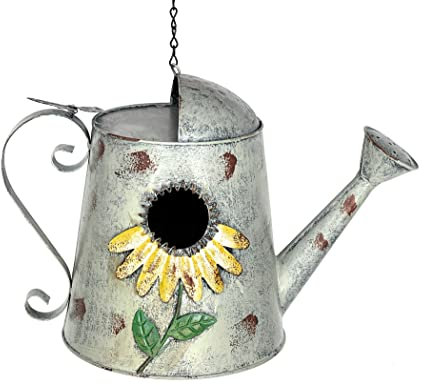 DanDiBo Vogelhaus zum Aufhängen Metall Deko Gießkanne Wetterfest 96255 Nistkasten Futterstation für Vögel Shabby mit Kette Metallkanne Kanne Balkon