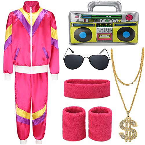FOVER 80er Jahre Outfit Herren Damen Kostüm Trainingsanzug Pop Art Retro Stil Kostüm Accessoires set mit Aufblasbares Radio Sonnenbrille Halskette Schweißband set für Mottoparty Fasching Rosa 14S
