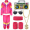 FOVER 80er Jahre Outfit Herren Damen Kostüm Trainingsanzug Pop Art Retro Stil Kostüm Accessoires set mit Aufblasbares Radio Sonnenbrille Halskette Schweißband set für Mottoparty Fasching Rosa 14S