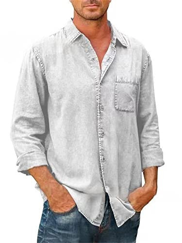 BROZZY Hemd Herren Einfarbig Knöpfe Vintage Langarm Hemd Herren Lose Klassisch Tasche Casual Hemd Herren Einfachheit Komfortabel Basic Hemd Herren E-White S
