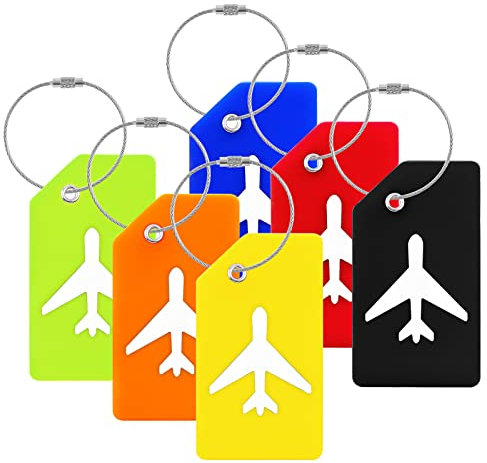 Keadic Lot de 6 porte-étiquettes de bagage en silicone avec nom et carte d'identité,Noir, orange, rouge, bleu, jaune, vert,Pour sac à main, cartable, instrument,Pour identifier les bagages de voyage