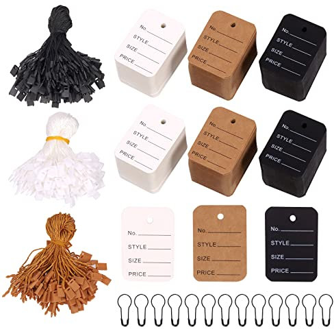 Keadic Lot de 1 700 étiquettes de prix pré-imprimées pour vêtements avec épingle à nourrice en métal noir, étiquette de coupon perforée et attache en nylon pour magasin de détail de vêtements