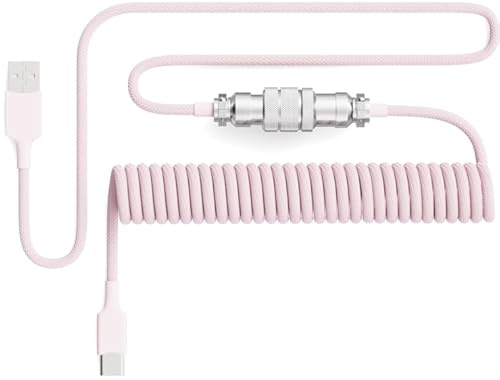 Pwnage Cable USB C de aviador en espiral ultra personalizado para teclado de juegos, cable de teclado mecánico de doble manga con aviador de metal desmontable, USB-A a USB-C de 1,8 m, color rosa