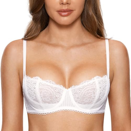 DOBREVA Women's Sexy Lace Push Up Plus Size Bra Sheer Balconette Underwire Unlined White 38DD