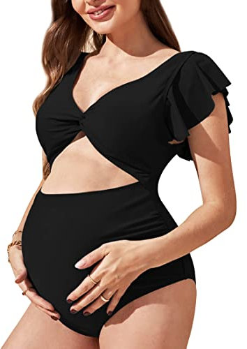 Harssidanzar Femmes Summer Maternity Wear Maillot de Bain Tout en Un Maillot de Bain Taille Haute Coupe Moelleuse avec Fourche à l'avant KL301EU,Noir,Taille M
