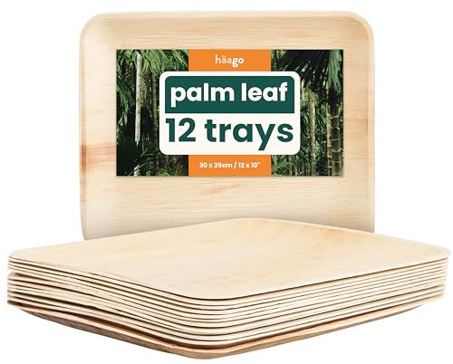 HAAGO Palmblatt-Tabletts (25x30cm, rechteckig) Kompostierbar & Einweg - Umweltfreundlich Picknick & Outdoor - Gefrierschrank & Mikrowelle sicher (12)