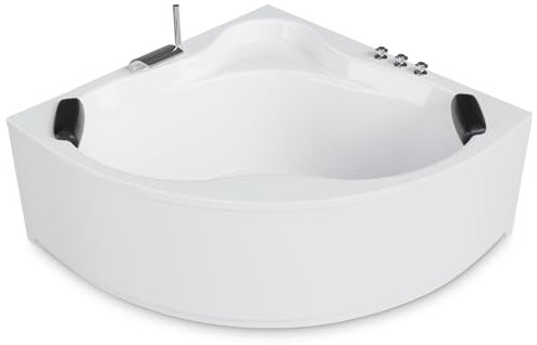 AQUADE Acryl Eckbadewanne 150x150 Modell: Essen Hergеstellt in Dеutschland - Badewanne Komplettset - Badewannen mit Wannenfüßen + Schürze + Ab-Überlaufgarnitur + Wannenrandarmatur + Nackenkissen