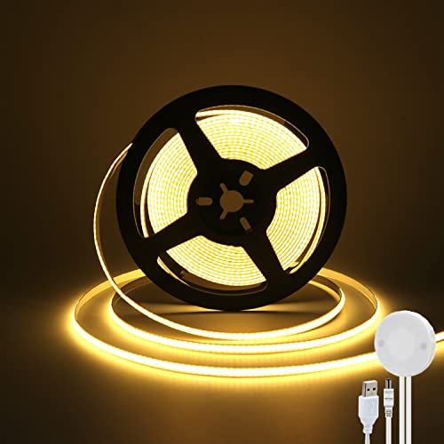 Wisada Dimmbar COB LED Band 4m, DC 5V 320LEDs/m Flexibler LED Lichtband mit USB Sensor, Innenbereich Nicht Wasserdichte Warmweiß COB LED Streifen mit Berühren Dimmer für Hausschrank(FPCB:5MM)