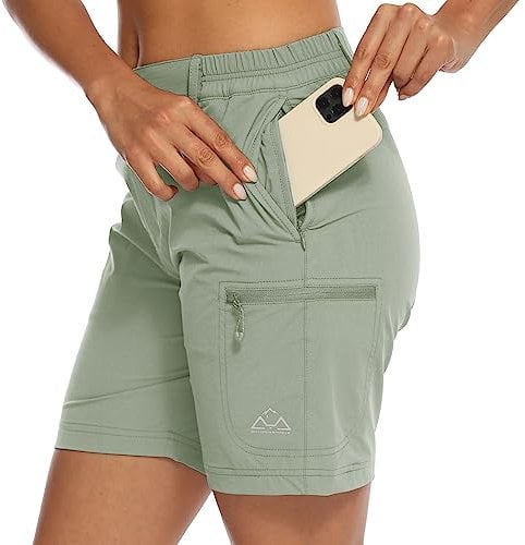 donhobo Women's Walking Hiking Shorts, Ladies Summer Cargo Shorts Lightweight Quick Dry Outdoor Casual Stretch Shorts Trousers with Zipped Pockets Light Green M