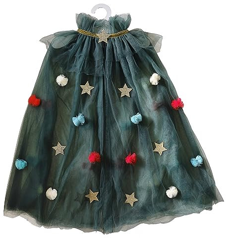 Ginger Ray Girls Christmas Tree Cape with Pom Poms and Stars for Costume Parties, Green
