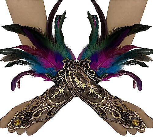 MoreChioce 1 Paar Vintage Federhandschuhe, Damen Feder Spitze Fingerlose Lange Handschuhe Federarmhandschuhe Armkette für Hochzeit Party Halloween,Bunt