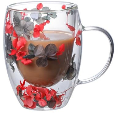 Dried Flower Double Wall Glass Cup, Aesthetic Flowers Coffee Mugs, Cute Insulated Tea Cups with Handle Heat Resistant for Women, Ideal Gifts for Birthday Mother's Day - Perfect for Wife Mom Friend (B)