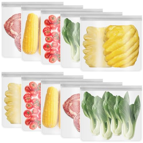 10PCS Reusable Gallon Freezer Bags - 28 x 26cm Large Food Storage Bags Leakproof, Dishwasher Safe, Extra Thick Airtight Ziplock Bags with Expandable Bottom, for Fruits, Cereal, Vegetable, Sandwich