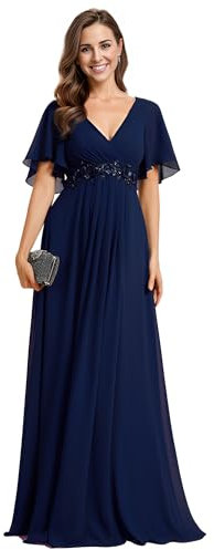 Ever-Pretty Vestito Donna Elegante Scollo a V Maniche a Volant Stile Lungo Abito Cerimonia Donna Blu Navy 46