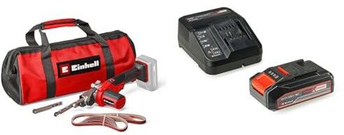 Einhell Lima a nastro a batterie TE-BF 18 Li-Solo Power X-Change + Einhell Pxc Starter Kit 18 V, Batteria 2,5 Ah E Caricabatteria Power X-Change, Nero Rosso, 10 x 15 x 11.3 Cm