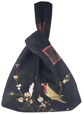 FANCYPUMPKIN Vintage japanische Yukata Kimono Kranich Handtasche Handgelenktasche Kleine Münztasche Tragetasche Henkeltasche Knotentasche für Frauen