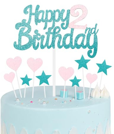 Blue Pink 2nd Birthday Cake Toppers - Glitter Heart Stars & Personalised Happy Birthday Cake Cupcake Toppers for Girls Party Supplies