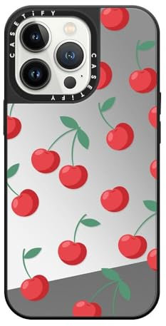 CASETiFY Spiegel iPhone 13 Pro Hülle [Reflektierend/1.5m Fallschutz/Kompatibel mit Magsafe] - Kirschen - Silber auf Schwarz