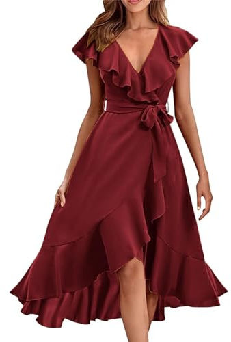 Ansenesna Sommerkleid Damen Midi Elegant Kleid Vorne Kurz Hinten Lang Elegante Kleider Sommer V Ausschnitt Sommerkleider Damen Leicht Und Luftig Midikleid Frauen Rüschen Strandkleid mit Gürtel