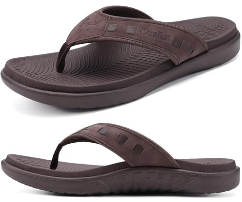 KuaiLu Mens Leather Sport Flip Flops Comfort Orthotic Thong Sandals with Plantar Fasciitis Arch Support for Outdoor Summer, Brown UK11