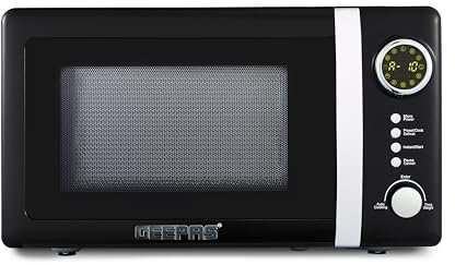 GEEPAS 700W Digital Freestanding Microwave Oven, 20L | Electric Oven with Auto Defrost Child Lock | 12 Preset Rotary Dial Easy Clean Fits Standard Dinner Plate Compact Countertop | Retrovive Black