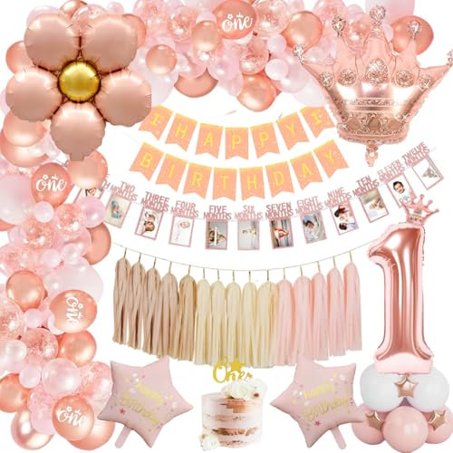 TOLOYE 1.Geburtstag Deko Mädchen, Roségold Geburtstagsdeko 1 Jahr Mädchen mit Happy Birthday Banner, Folie 1 Luftballon, Monat Foto Banner ,ONE Cake Topper, Erste Rosegold Luftballons Girlande