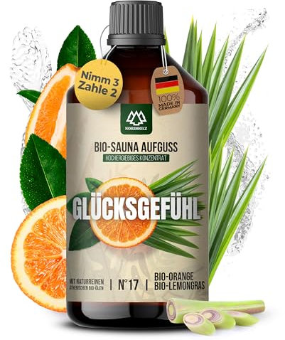 NORDHOLZ® Saunaaufguss BIO [NATURREINE ÄTHERISCHE BIO-ÖLE] Sauna Aufgussmittel #17 Glücksgefühl 250ml Orange, Lemongras - Sauna Aufguss Zubehör