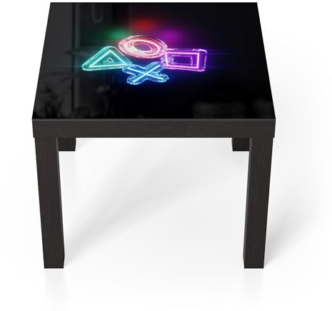 DEQORI Glastisch | schwarz klein 55x55 cm | Motiv Neon Gaming Symbole | ausgefallener Beistelltisch aus Glas | Hochglanz Couchtisch fürs Wohnzimmer | moderner Couch Tisch mit Design
