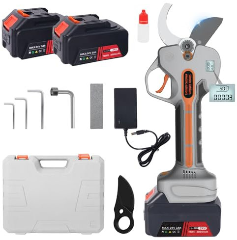 Tijera de Podar Eléctricas 50MM Tijera de Podar Inalámbrica Profesional 24V con LCD Pantalla con Baterías 2x3000mAh Hojas SK7 para Jardín Huerta Podar Ramas