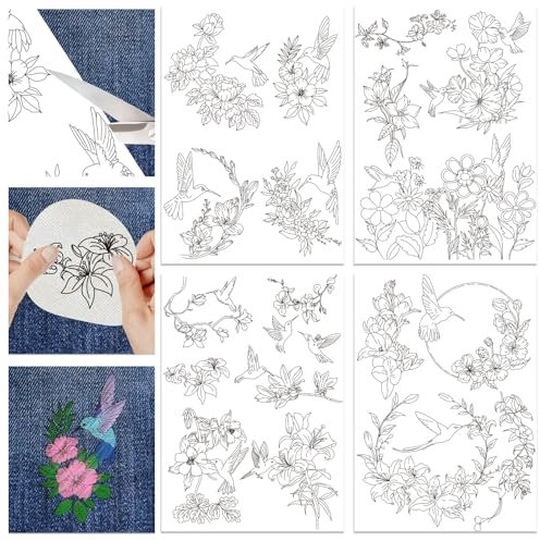 Hobbspring 4 Blatt Wasserlösliche Stickmuster 29.7x21cm Kolibri Und Blumen Stickpapier Zum Aufkleben Und Nähen Selbstklebendes Stick Transferpapier Für Hemden Und Taschen