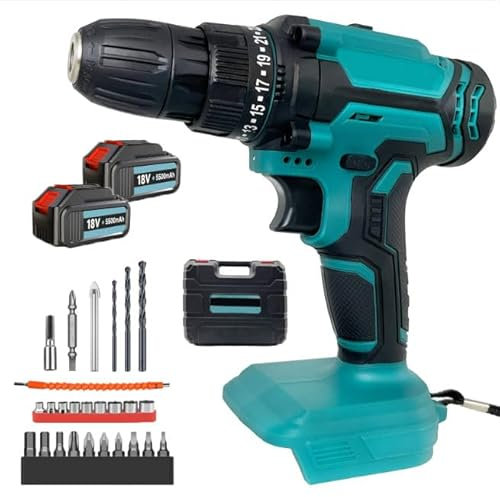 Akkuschrauber 21V, kompatibel mit Makita, Akku Bohrschrauber mit Zwei 2 x 5500mAh Batterien, Akku Schlagbohrschrauber mit 26tlg Zubehör Set, AkkuBürste, Akku Bohrmaschine