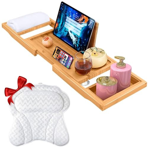 ADOV Bath Tray and Bath Pillow Set, Adjustable Bamboo Bathtub Caddy with Tablet, Book & Glass Holder, Non-Slip Ergonomic 4D Air Mesh Cushion for Neck, Head & Back Support, Home Spa Accessory