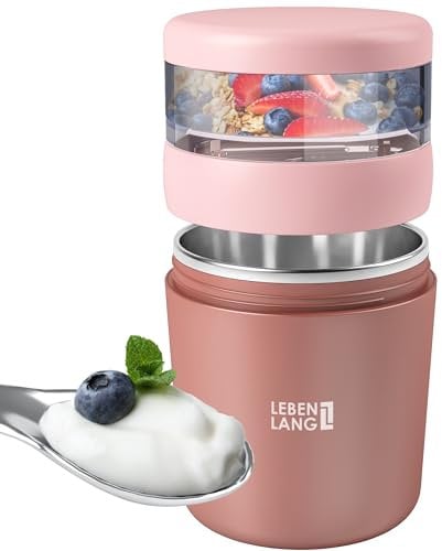 LEBENLANG Vaso yogur & cereales para llevar con cuchara - Pared interior de acero inoxidable aislante & 650ml I Porta yogurt to go I Recipiente yogurt para llevar I Crunch cup Overnight oats jar